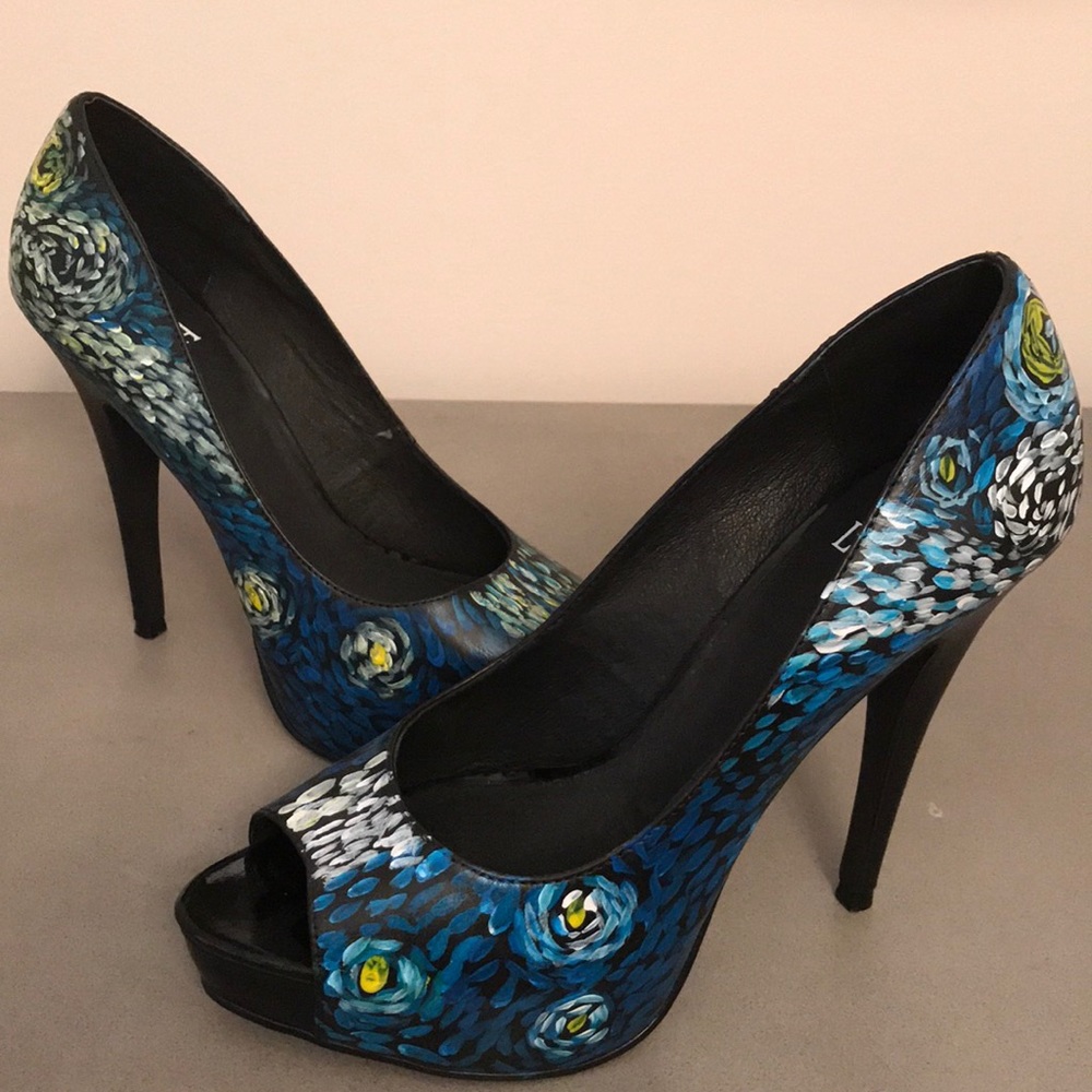 Custom Painted Starry Night Black Leather Heels